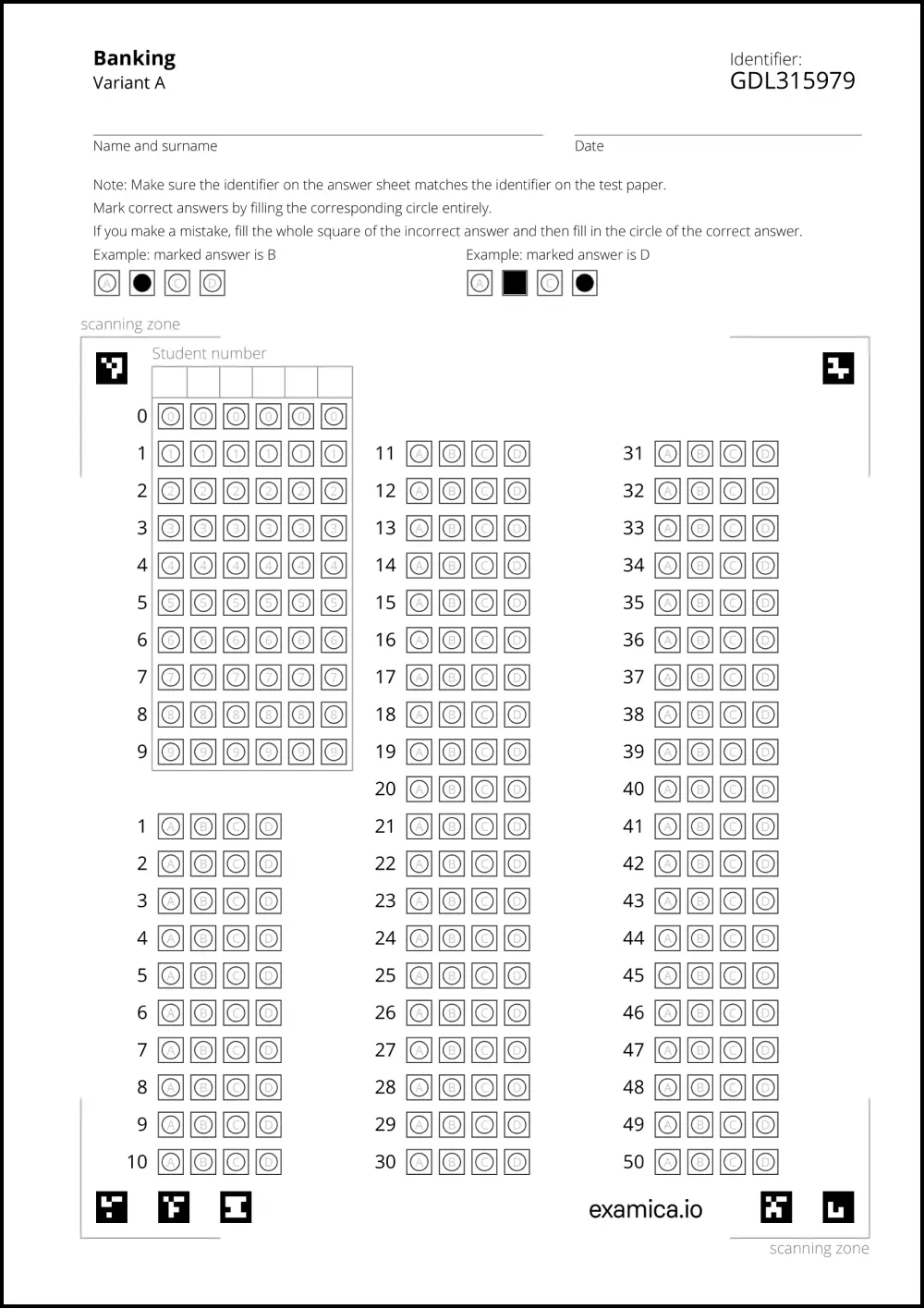 Selbstbewertendes Antwortblatt, das mit der Examica.io Plattform generiert wurde