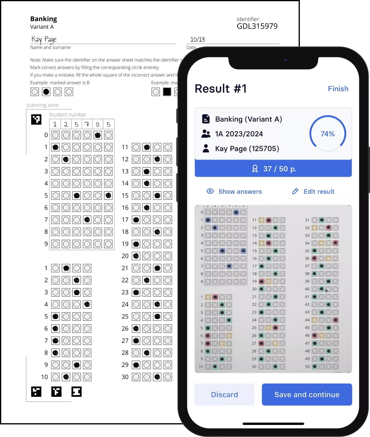 Ergebnis nach dem Scannen des Antwortblatts in der Examica App