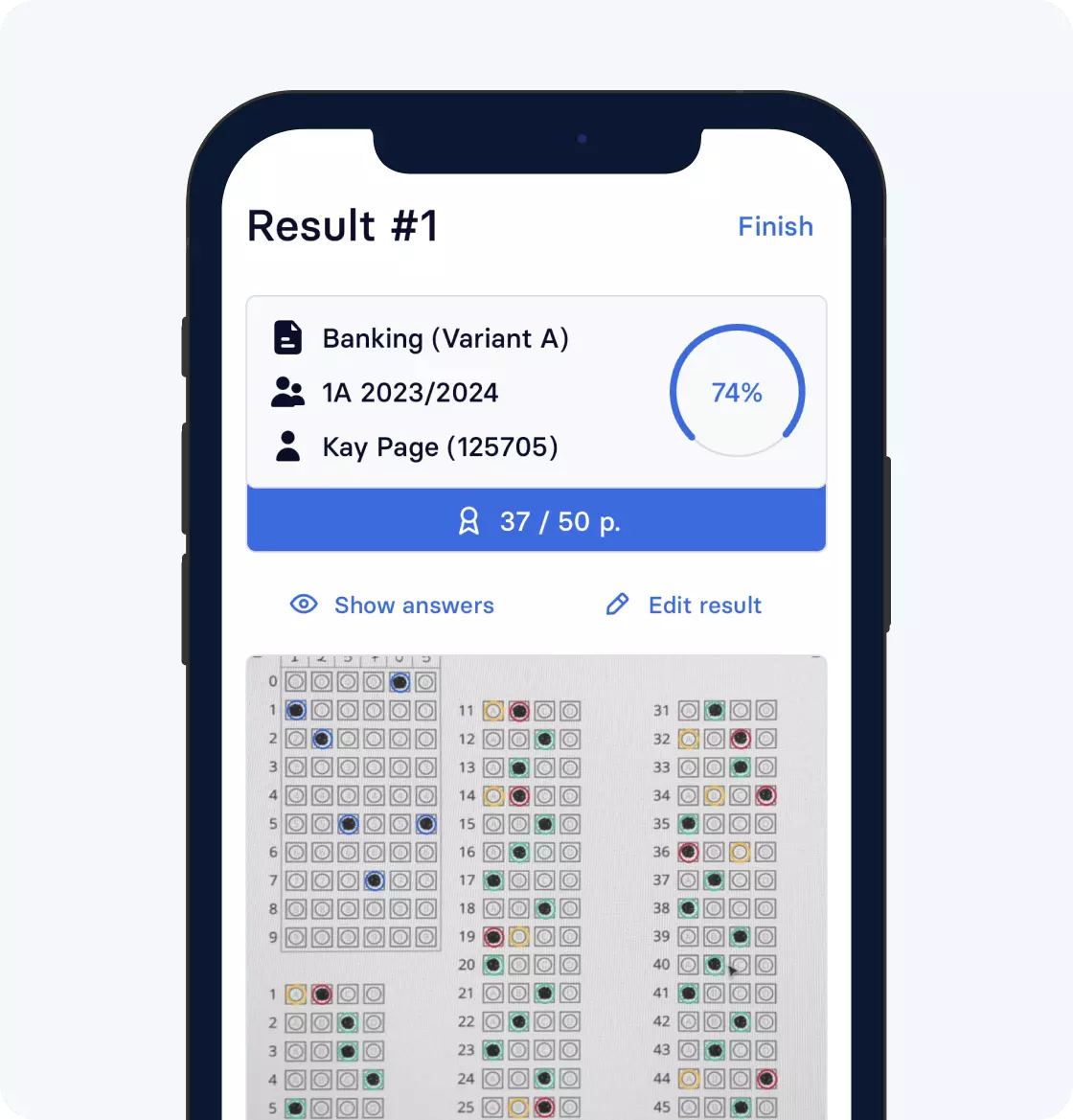 Result after scanning an answer sheet in the Examica app