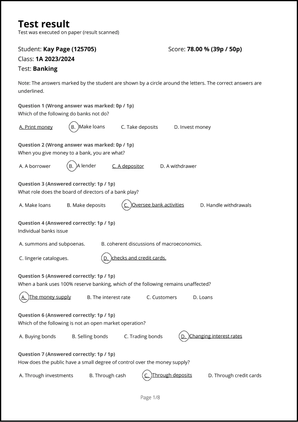 Student test report generated with Examica.io platform