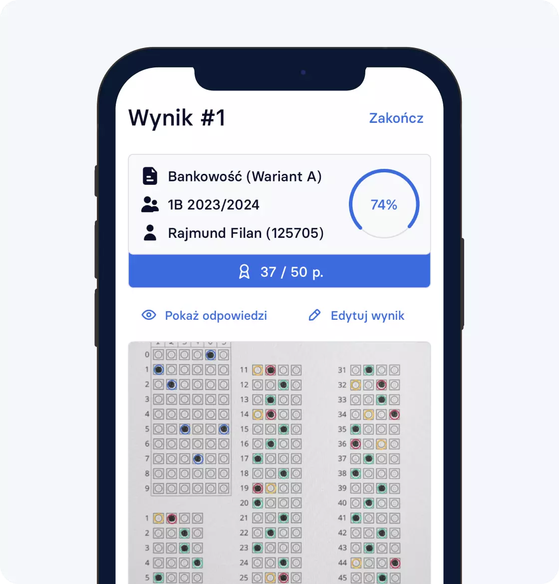 Wynik po zeskanowaniu karty odpowiedzi w aplikacji Examica