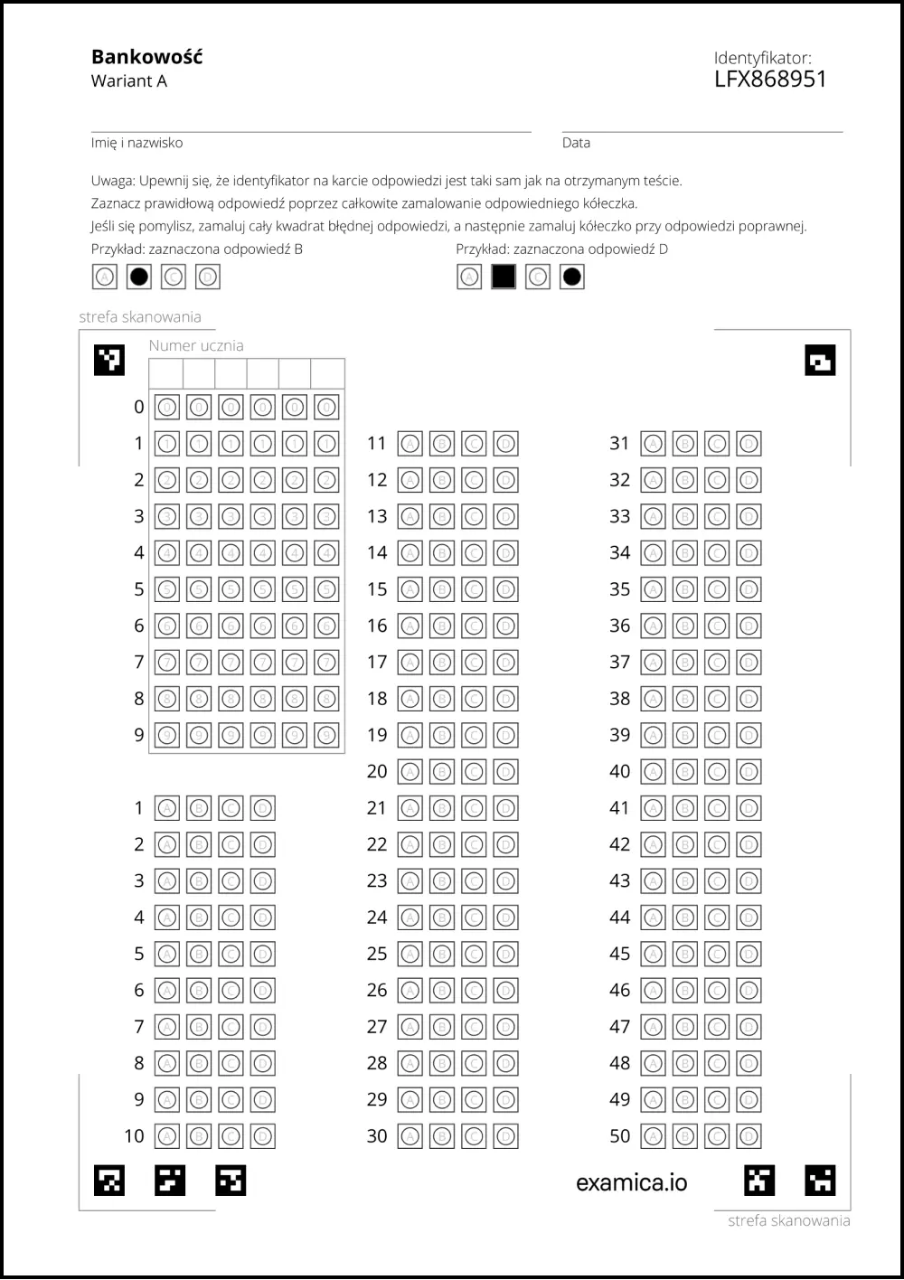 Samooceniająca się karta odpowiedzi wygenerowana za pomocą platformy Examica.io