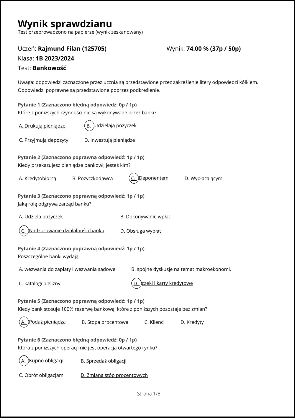 Raport z testu dla ucznia wygenerowany za pomocą platformy Examica.io