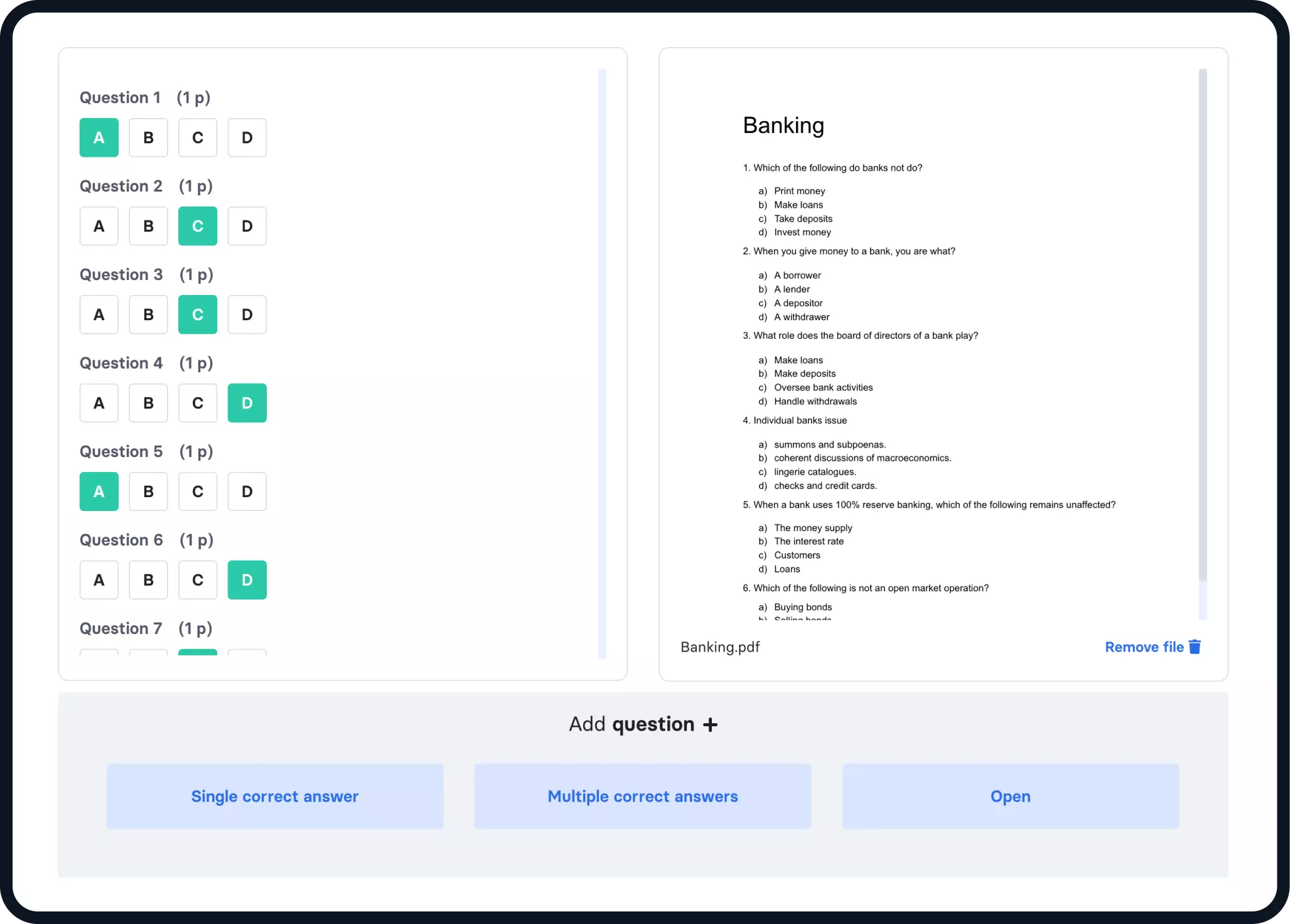 Adição de chave de resposta a um teste existente na plataforma Examica.io